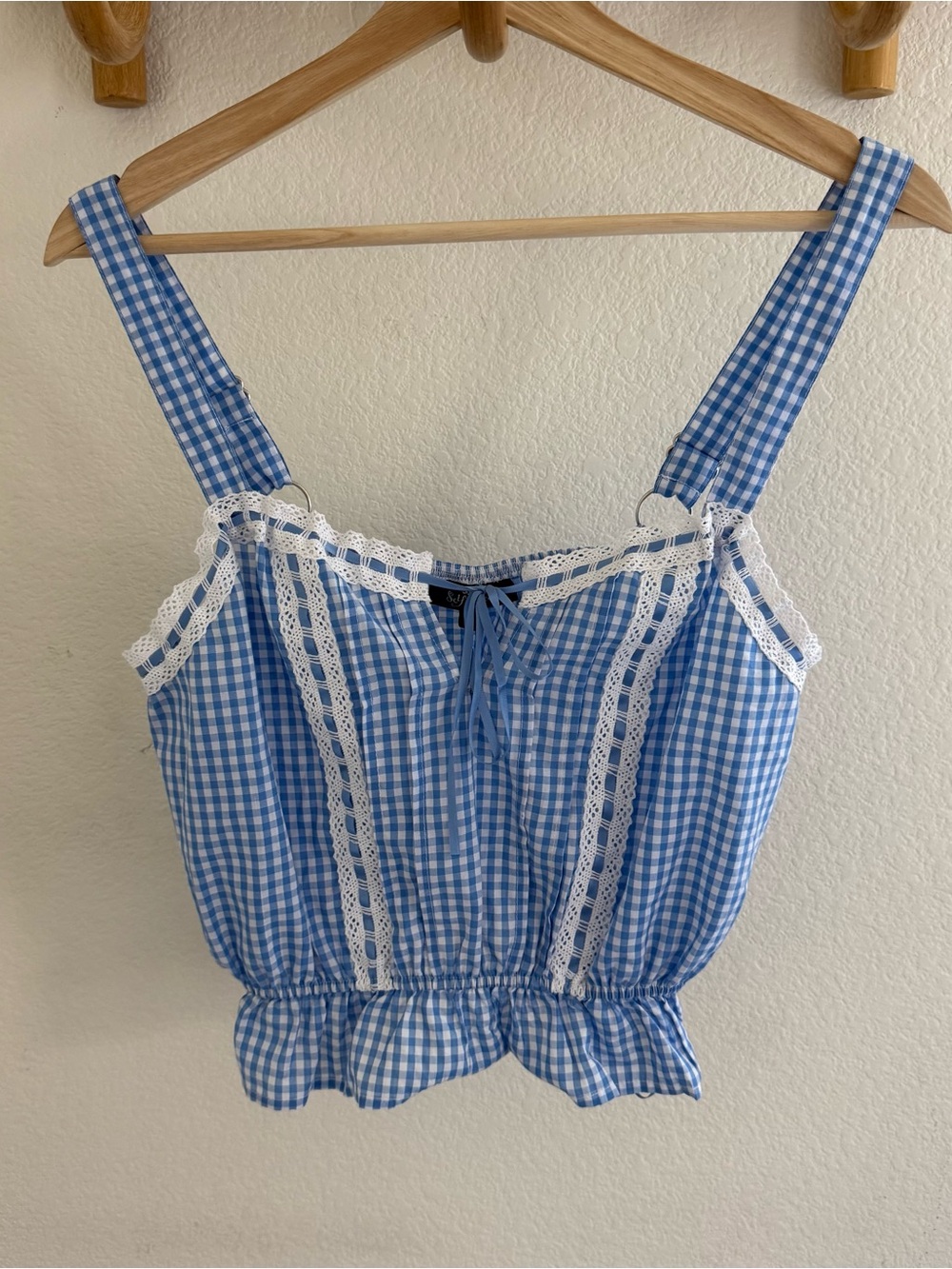 Self esteem retro cottagecore boho Blue white gingham prairie milkmaid crop top